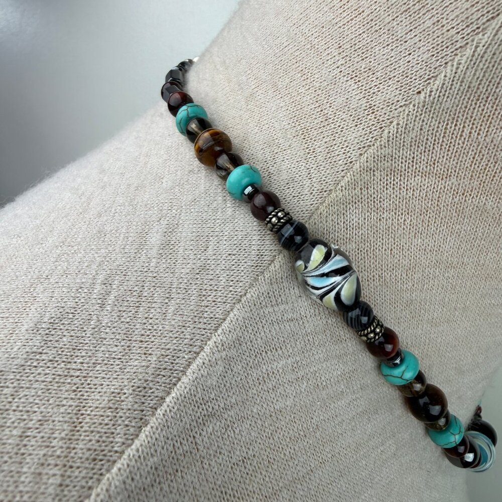 Art Glass, Howlite, Hematite, Tiger's Eye Beaded Necklace 18.5" - Picture 5 of 6
